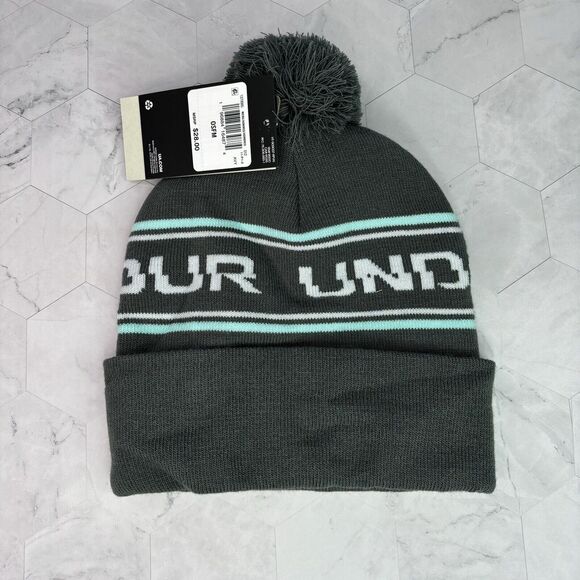 Under Armour Fleece Cuffed Knit Beanie Pom Hat Mens Grey Teal One Size New NWT - Picture 4 of 5